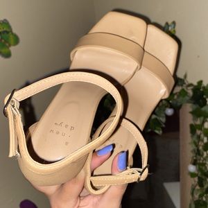 Nude Squared Toe Chunky Heels